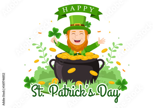 Happy St Patricks Day Illustration with Kids, Golden Coins, Green Hat, Leprechauns and Shamrock in Flat Cartoon Hand Drawn for Landing Page Templates