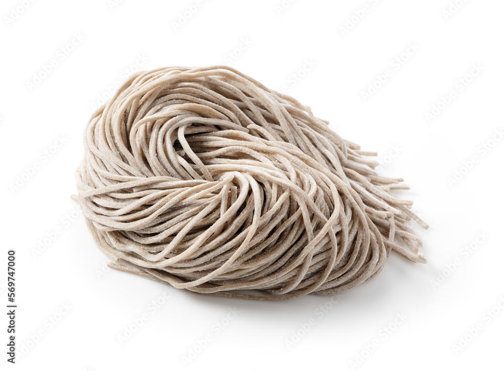 Raw soba noodles placed on a white background.