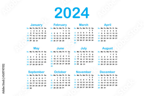 Design template with calendar 2024. Calender layout. Vector illustration.