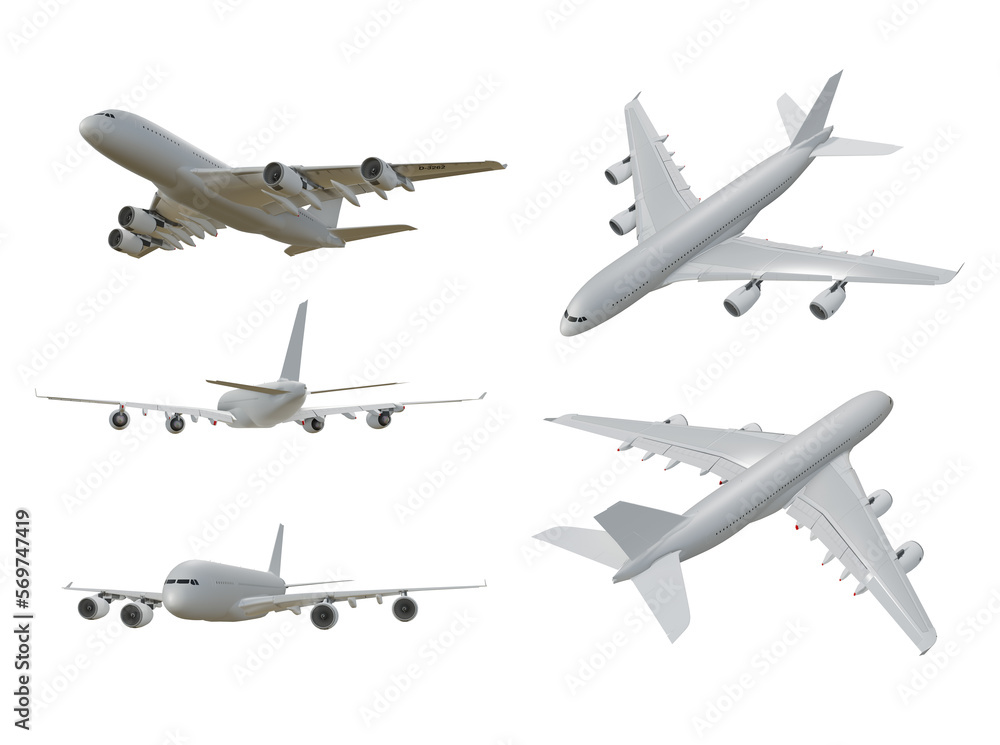 3d rendering of a clean white commercial airplane from various perspective angles 3d rendering of a clean white commercial airplane from various perspective angles