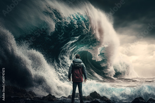 Photo Man standing front of big strom wave abstract background