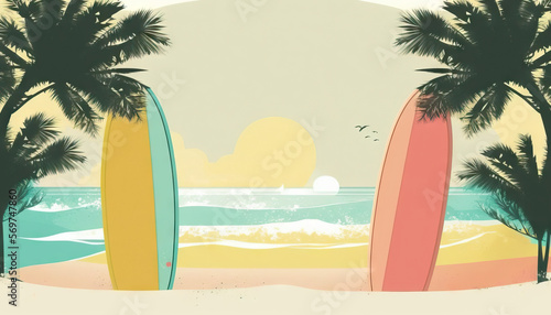 Surfboard on tropical beach abstract background. Graphic illustration design. Generative AI © tonktiti
