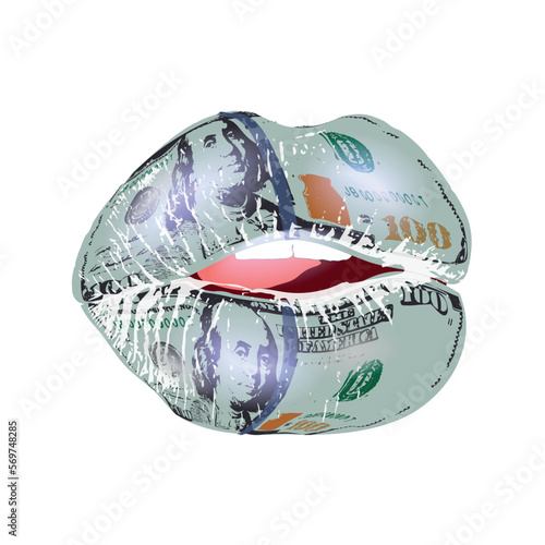 Dollar mask on the lips, money kiss with an imprint of an expensive banknote. Vector art on a transparent background.
