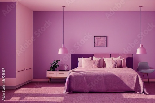 Cute Cozy Dreamy Mid Century Modern Primary Bedroom Interior with monochromatic purple accent wall wood accents mockup frame minimal staged furniture made with Generative Ai