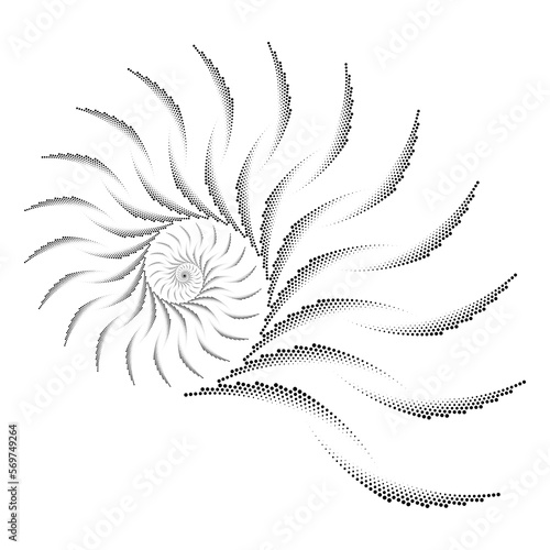 Black vector dotted lines in spiral form. Halftone dots. Trendy design element for frames, logo, tattoo, sign, symbol, web, prints, posters, template and abstract background