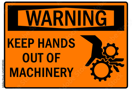Machine hazard sign and labels keep hand out of machinery