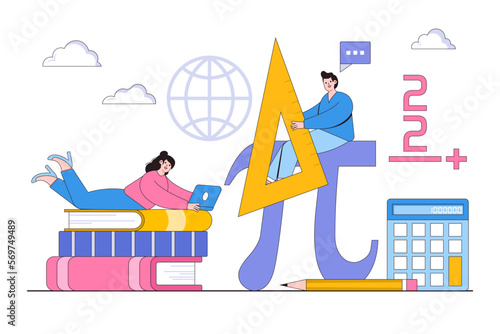 Math science concept with characters. People gaining education. Outline design style minimal vector illustration for landing page, web banner, infographics, hero images