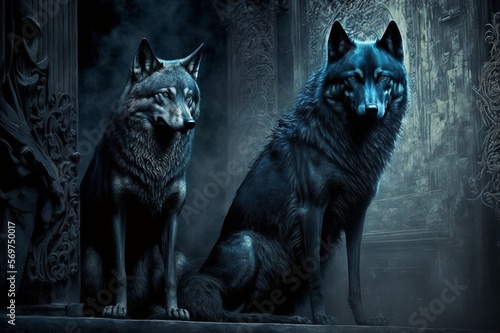 Gothic style wolves at the entrance to a building