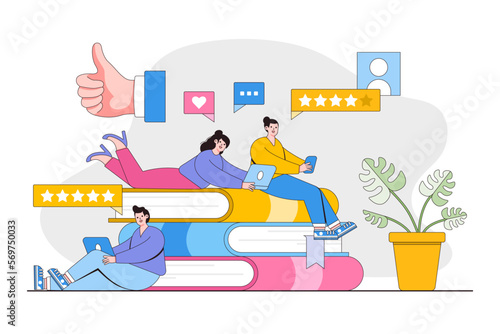 People give review rating and feedback concept. Customer choice. Rank rating stars feedback. Outline design style minimal vector illustration for landing page, web banner, infographics, hero images