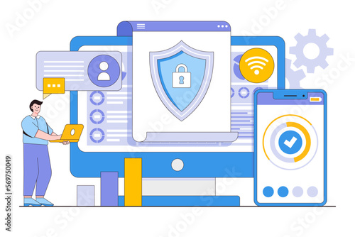 Cyber security vector illustration concept with characters. Data security, protected access control, privacy data protection. Modern flat style for landing page, web banner, infographics, hero images