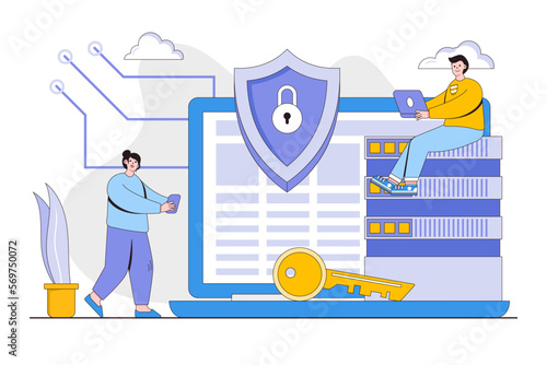 Cyber security vector illustration concept with characters. Data security, protected access control, privacy data protection. Modern flat style for landing page, web banner, infographics, hero images
