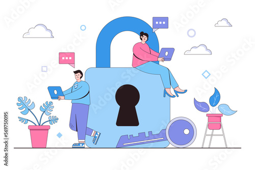 Cyber security vector illustration concept with characters. Data security, protected access control, privacy data protection. Modern flat style for landing page, web banner, infographics, hero images