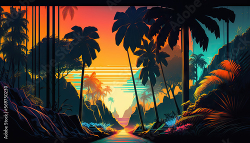 Landscape of tropical nature background illustration. Retro tone color style. Generative AI