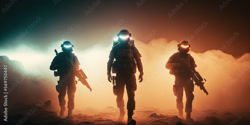 Futuristic special forces soldiers walking through a smoky landscape at night by generative AI