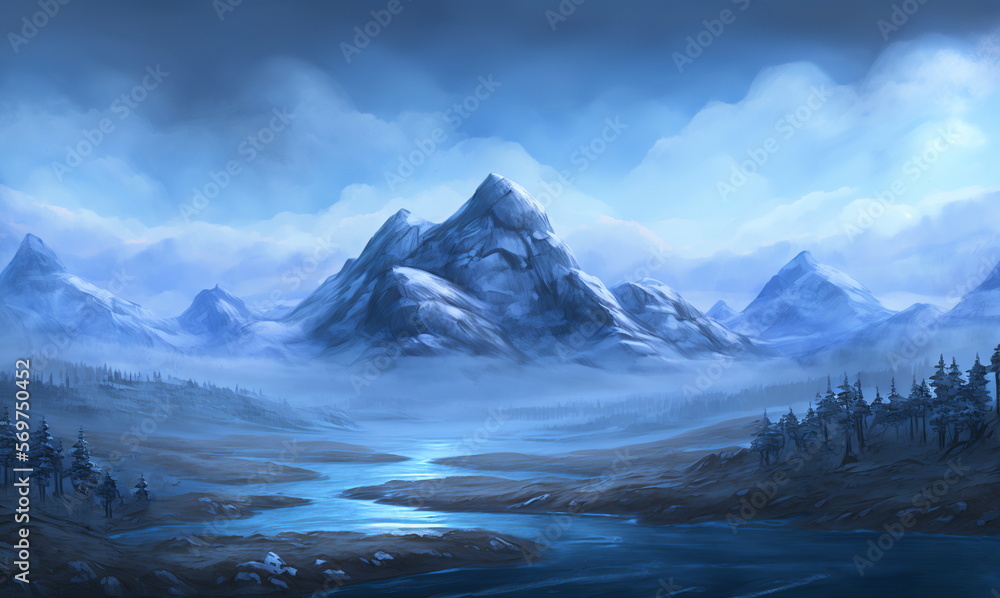 Fantastic Winter Epic Landscape of Mountains. Celtic Medieval forest. Frozen nature. Glacier in the mountains. Mystic Valley. Artwork sketch. Gaming RPG background. Game asset. Generative AI Fantastic Winter Epic Landscape of Mountains. Celtic Medieval forest. Frozen nature. Glacier in the mountains. Mystic Valley. Artwork sketch. Gaming RPG background. Game asset. Generative AI