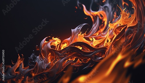 Closeup Wave Flames on black background. Red, yellow, orange colors. Generative ai.