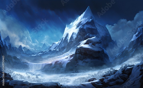 Fantastic Winter Epic Landscape of Mountains. Celtic Medieval forest. Frozen nature. Glacier in the mountains. Mystic Valley. Artwork sketch. Gaming RPG background. Game asset. Generative AI