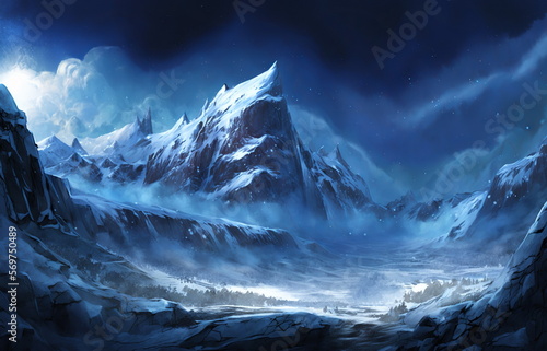Fantastic Winter Epic Landscape of Mountains. Celtic Medieval forest. Frozen nature. Glacier in the mountains. Mystic Valley. Artwork sketch. Gaming RPG background. Game asset. Generative AI