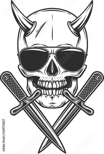 Skull with horn concept with sunglasses accessory to protect eyes from bright sun and crossed knife vintage isolated illustration