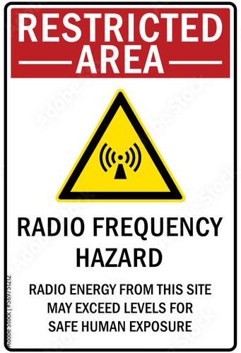 Radio frequency hazard warning sign and labels radio energy from this site may exceed level for safe human exposure