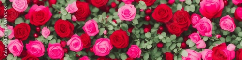 red pink flowers roses and green leaf romantic background  generative ai