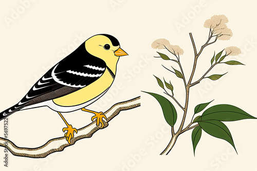 A colorful drawing of a yellow bird (American Goldfinch). Art style. Generative AI © Aleksandr
