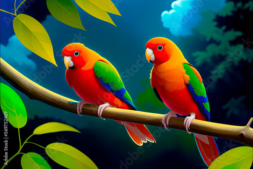 Original oil painting on canvas of two parrot lovebirds is sitting on branch close each other. Generative AI
