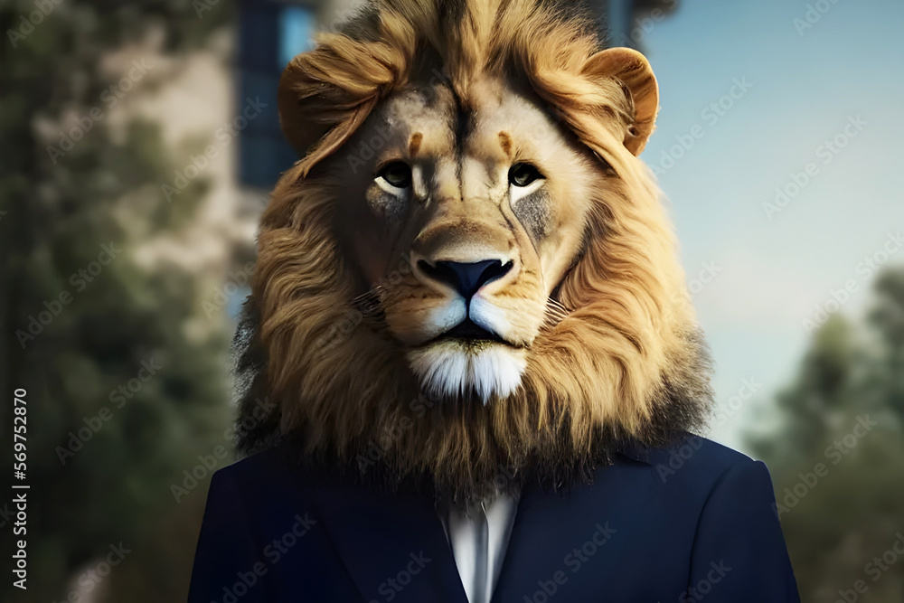 Man in the form of a Lion with Suit and tie , The lion person , animal face isolated 