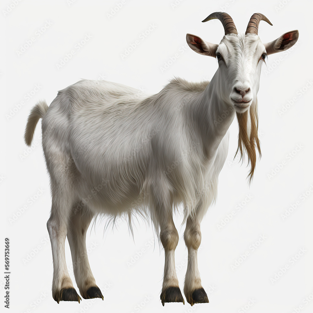 white goat or goat animal on furry white background for png.