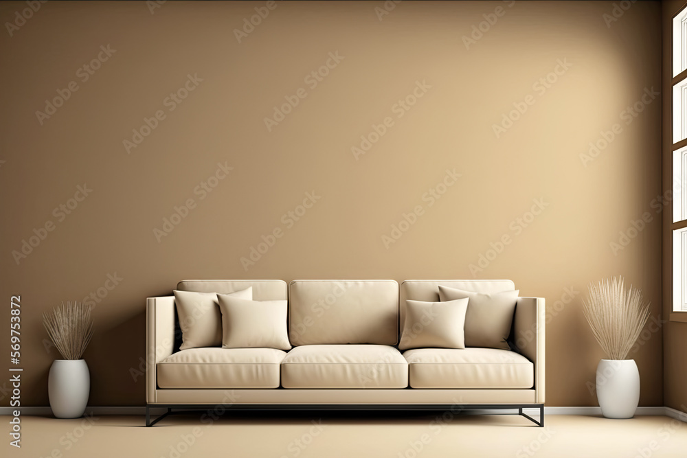 Modern living room with a sofa in Khaki tones. Clean minimalist ...