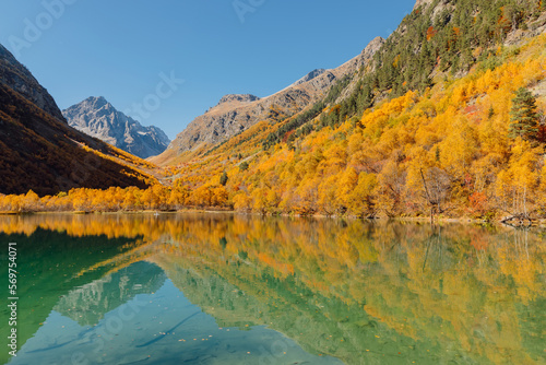Quiet transparent lake with colorful autumnal trees. Mountains and lake with reflection on surface