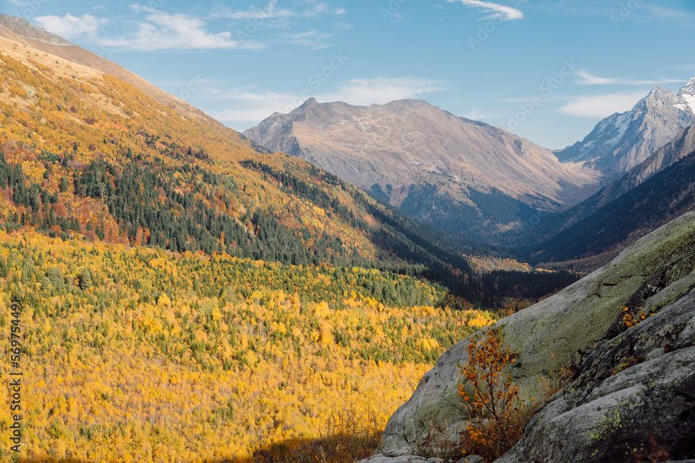 Valley with mountains and autumnal forest. Mountain landscape in Canada