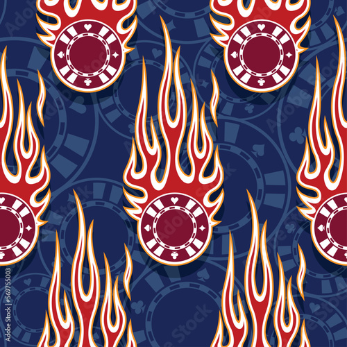 Casino poker chips icons and tribal fire flames Seamless pattern vector art image. Burning poker chips repeating tile background wallpaper texture.