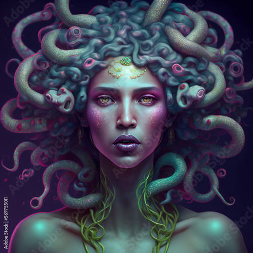 portrait of the medusa greek mythological monster isolated on a dark background Generative Ai