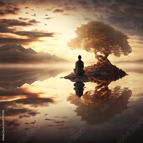 surreal illustration of a woman with peaceful emotions and serenity meditating next to a tree surrounded by water  © Eduardo