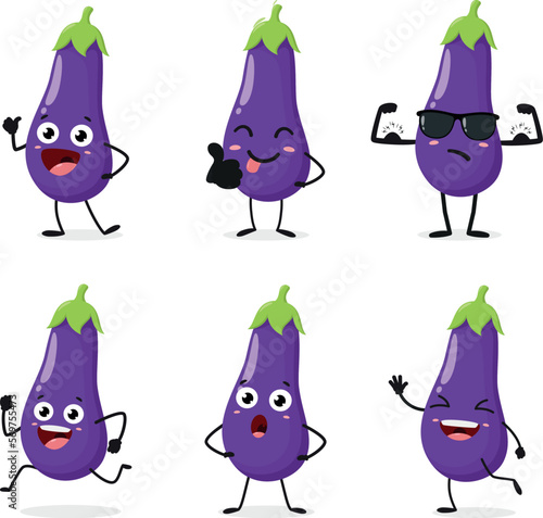 Cartoon cute eggplant with different expression