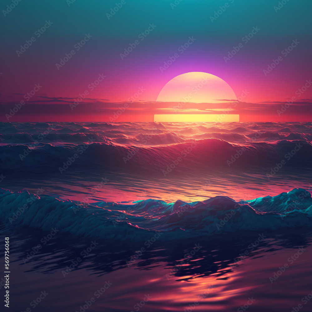 sunset in the ocean on a pink and blue gradient Generative Ai