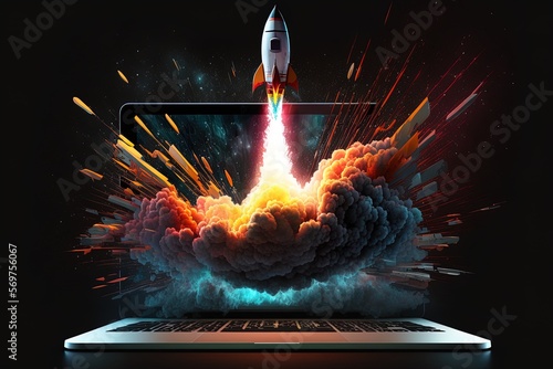 Rocket coming out of laptop screen, black background. AI digital illustration concept of ideas and start up. Generative AI