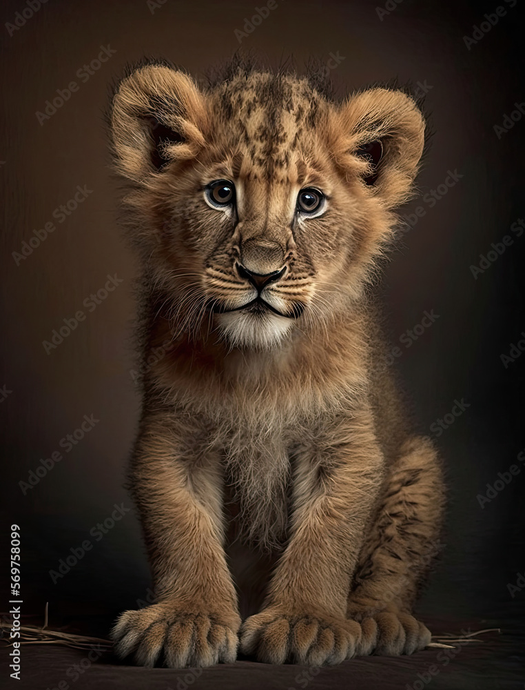 Fototapeta premium Baby Realistic Lion Cub Illustration. Generative AI