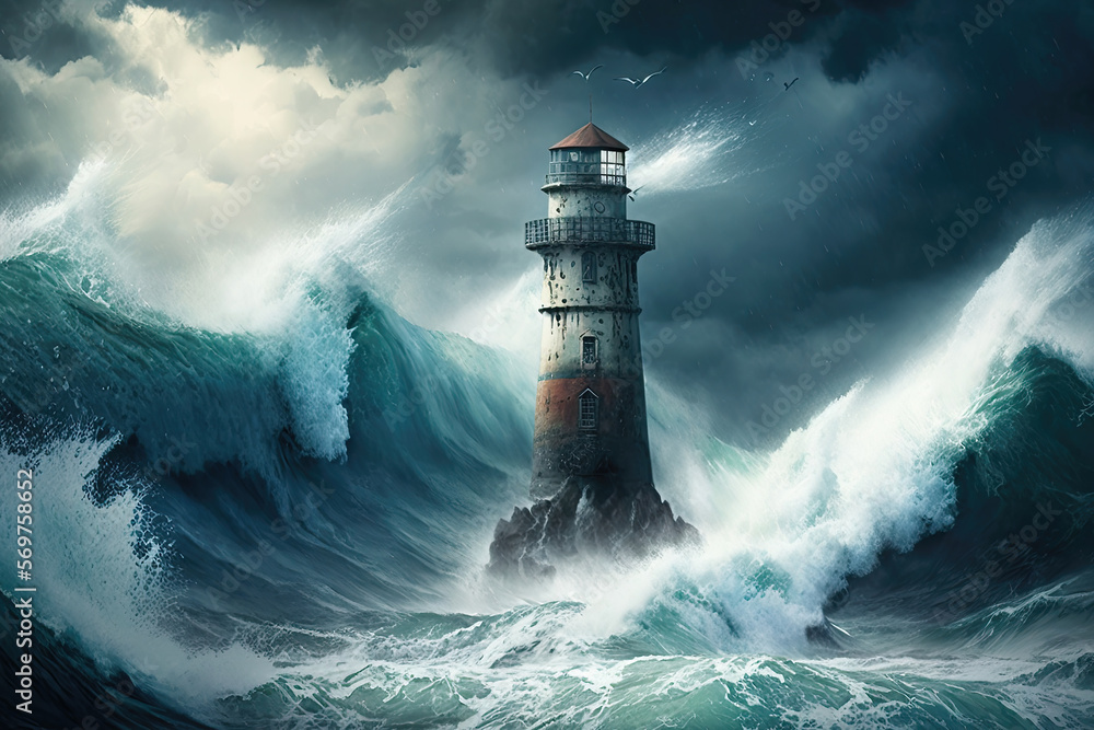 majestic lighthouse standing strong against the forces of nature. The lighthouse is surrounded by turbulent, dark waters and the sky is filled with ominous storm clouds Generative AI