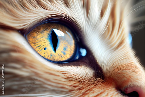 Cat's blue eye, cat's eye effect, macro. Generative AI. 