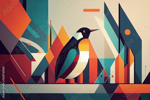 Penguin as a trendy graphic design artwork with a geometric, an abstract, abstract art, bold lines and shapes, chillwave. Generative AI. photo