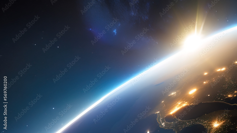 Obraz premium earth planet at night viewed from space with white city lights showing activity, Generative AI