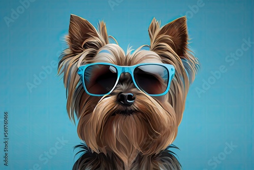 Yorkshire Terrier dog with sunglasses on solid color background, focus on face, vector art, polycount, faceted. Generative AI. © andrenascimento
