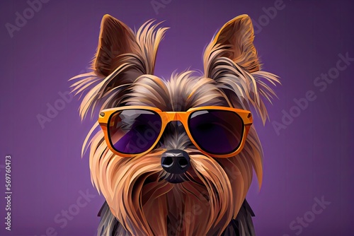 Yorkshire Terrier dog with sunglasses on solid color background, focus on face, vector art, polycount, faceted. Generative AI.
