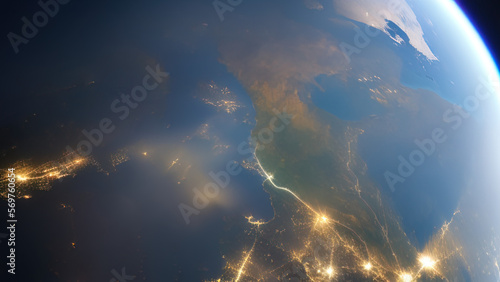 earth planet at night viewed from space with white city lights showing activity, Generative AI © Francisco