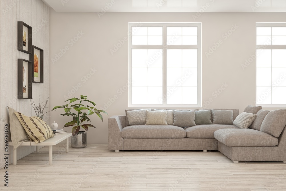 White living room with sofa. Scandinavian interior design. 3D illustration White living room with sofa. Scandinavian interior design. 3D illustration