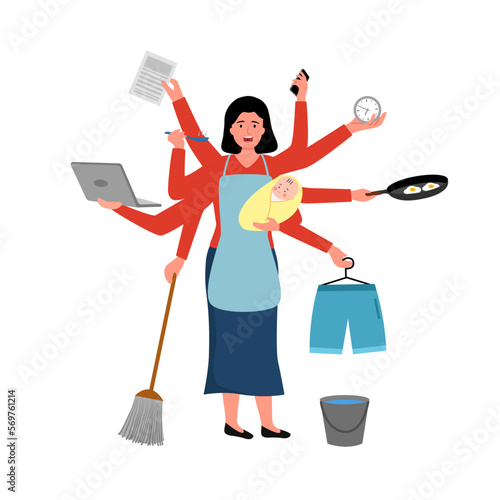 Busy mom multitasking with housework and baby in flat design on white background.