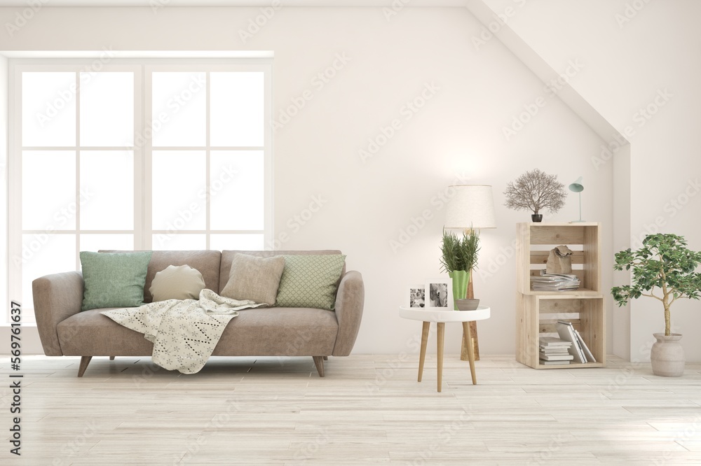 Fototapeta premium White living room with sofa. Scandinavian interior design. 3D illustration