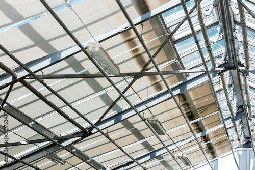 roof structure of contemporary greenhouse pavilion under bright sky